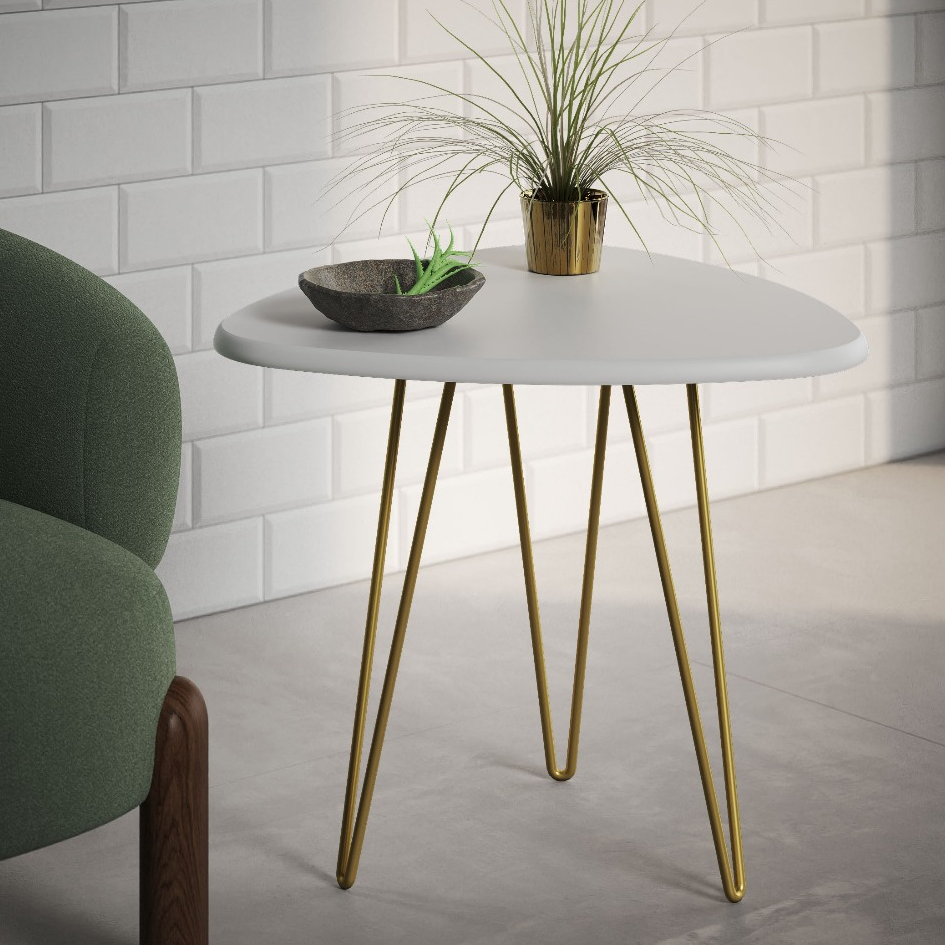 Mesa Lateral Tripe Clips Base de Ferro Tampo Triangular de Madeira Decoração Apoio de Cant...