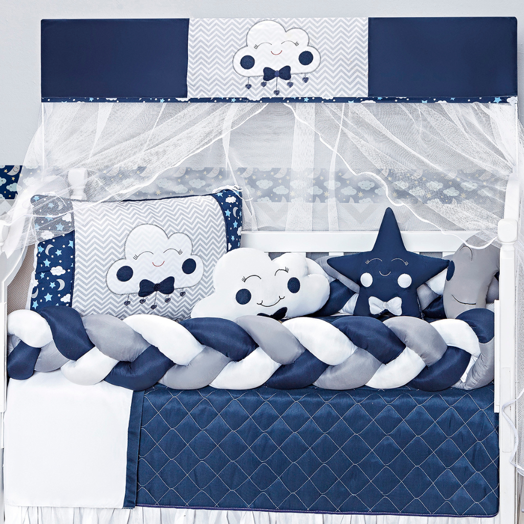 Kit Berço Lua Nuvem Trança Nova Com Edredom Azul Marinho Completo 10 Peças
