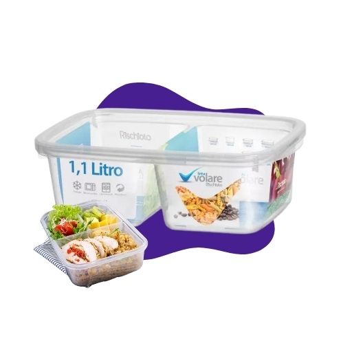 Pote com Divisória Marmita Plástico Transparente Volare Rischioto 1,1 Litros Microondas Freezer Lava-louças Fit Dieta