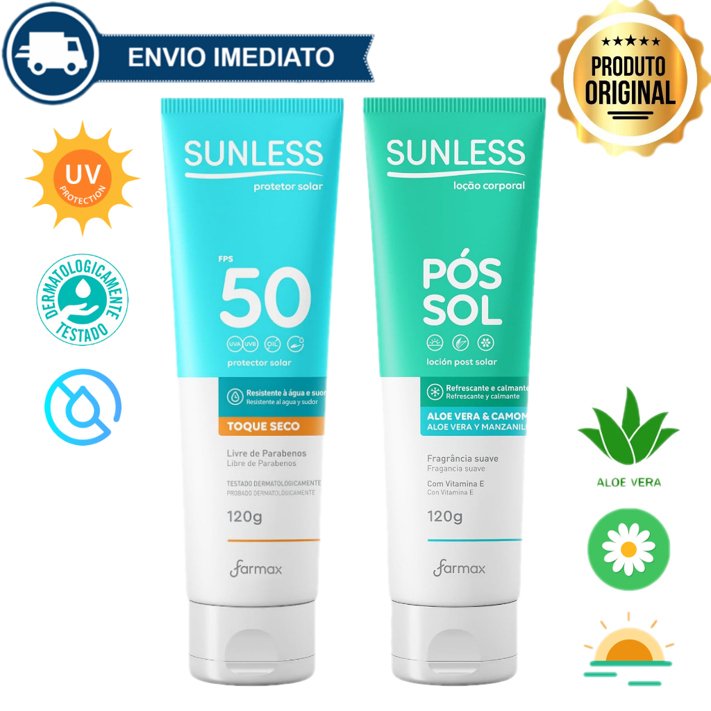 Kit Protetor Solar Toque Seco 120g Sunless + Pós-Sol Aloe Vera e Camomila 120g Envio Imediato