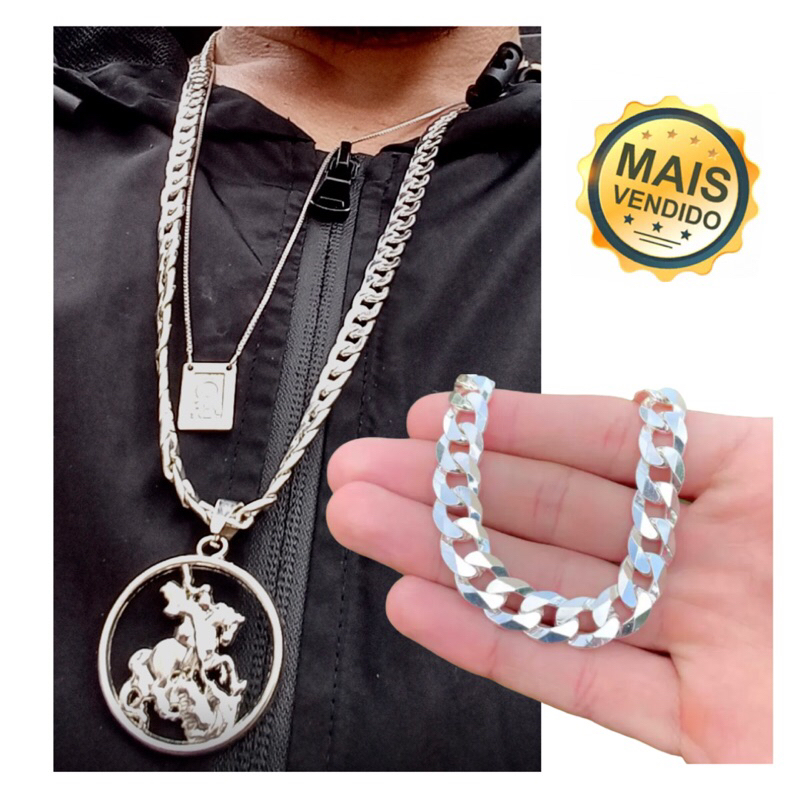 kit prata conjunto prata Corrente prata grumet 10mm 70cm pingente São Jorge pulseira prata 10mm cordão estampado 925 correntinha escama prata nacional
