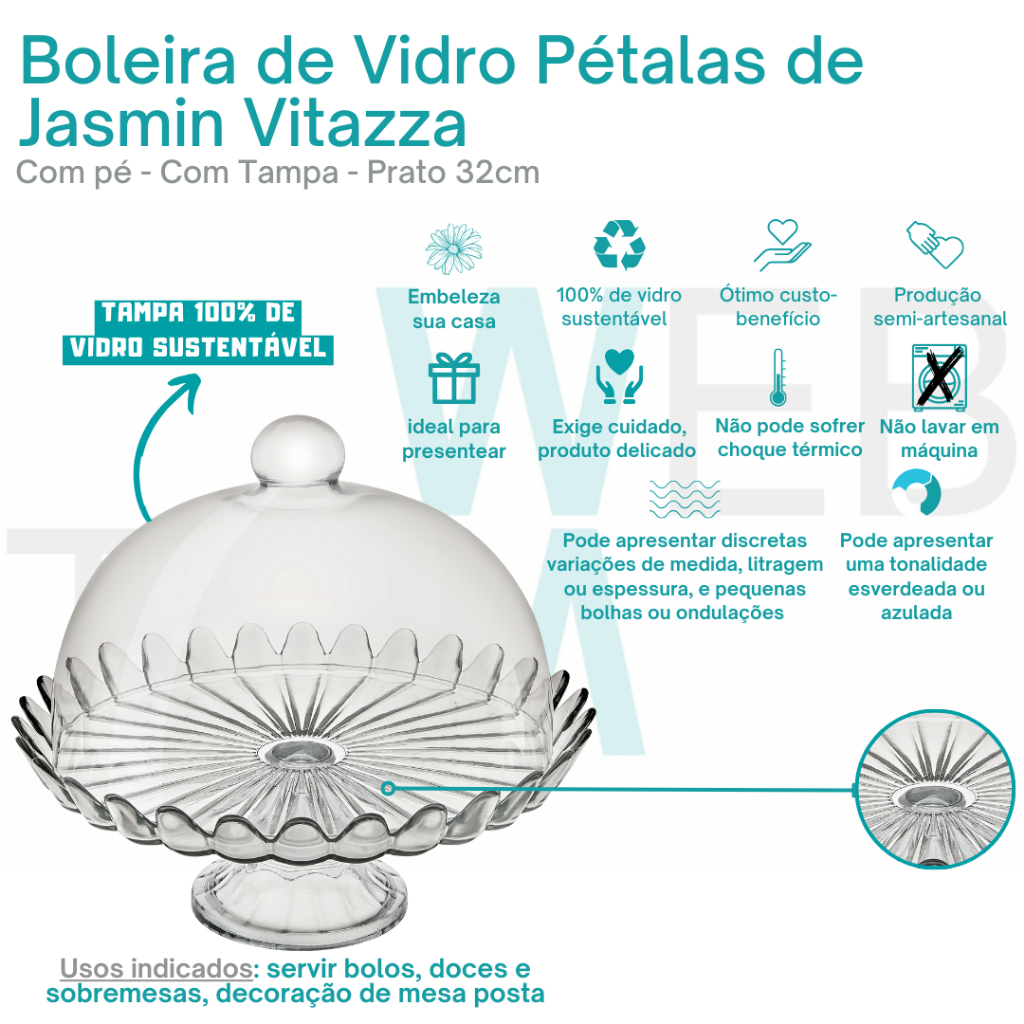 Boleira com Pé e Tampa de Vidro Pétalas de Jasmin 32cm Vitazza Prato para Bolo, Doces, Sobremesas