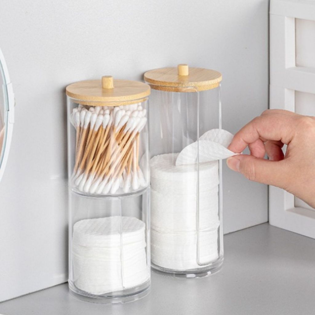 KIT Organizador Porta Cotonete E Porta Algodao Duplo De Bambu E Acrilico Tampa De Bambu Organizador De Penteadeira