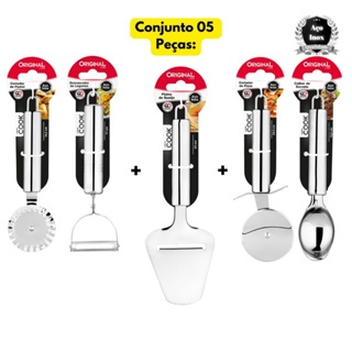 Conjunto Kit 05 Peças 1 Cortador de Pizza+Cortador de Pastel+Colher de Sorvete+Plaina Queijo