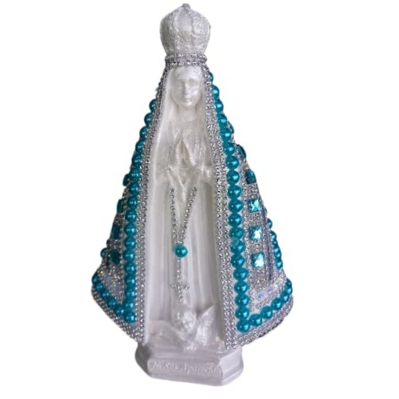 Imagem Nossa Senhora Aparecida 22cm toda em perola e Pedraria Azul Bebê frente Branca Italiana!