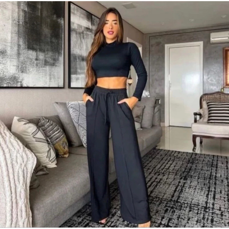 Calça Pantalona Lanzinha Feminina Cintura Alta Com Elastico De e Bolso Outono / Inverno Promoção — imagem 1
