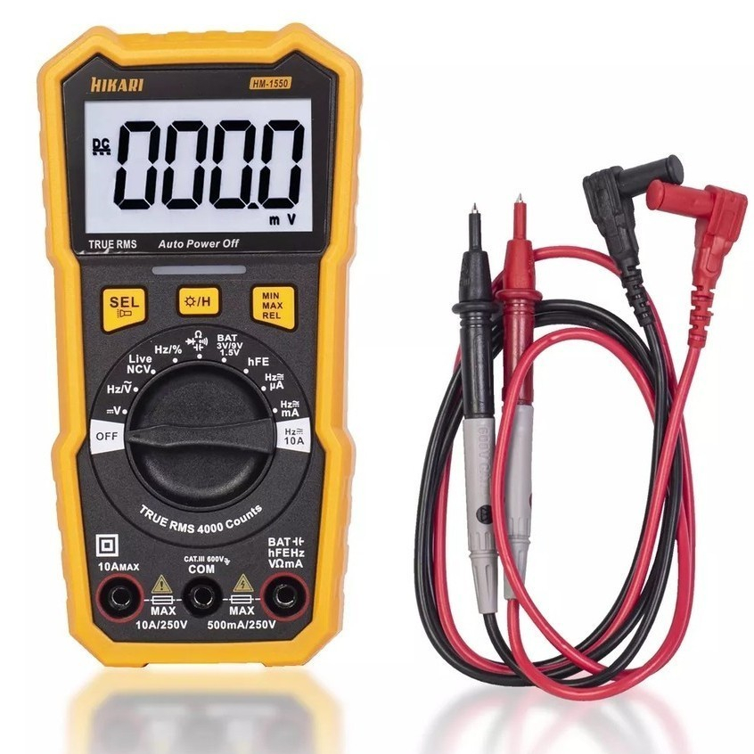 Multímetro Digital Hikari HM-1550 True RMS, Capacitância, NCV, hFE AC/DC 600V Emborrachado