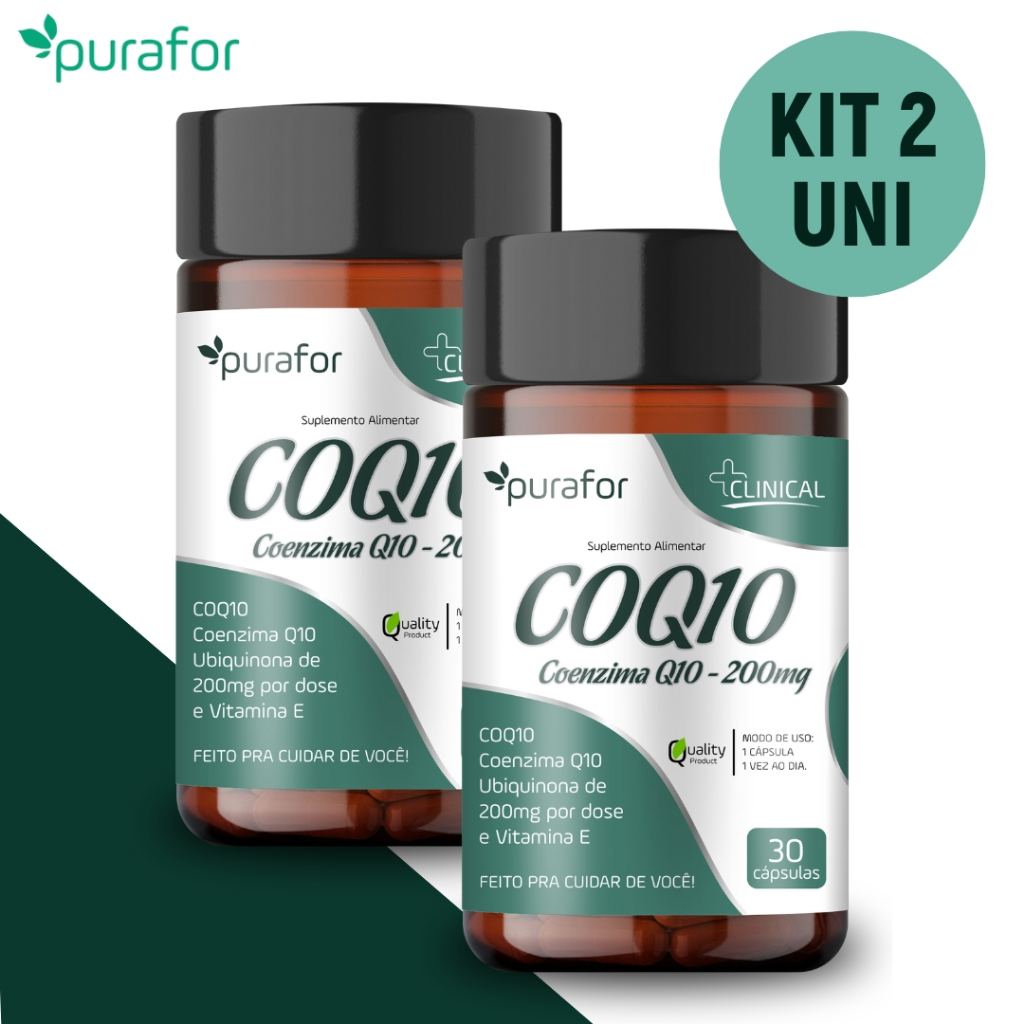 Kit 2 Coenzima Q10 30 Cápsulas 200mg Suplemento Alimentar Mais Energia Melhor Desempenho Físico Purafor