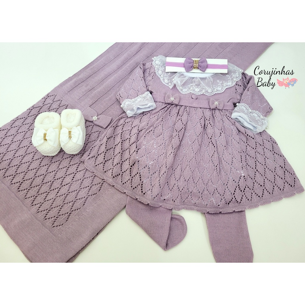 Saída de maternidade menina em tricô /tricot lilás Michele vestido luxo feminina