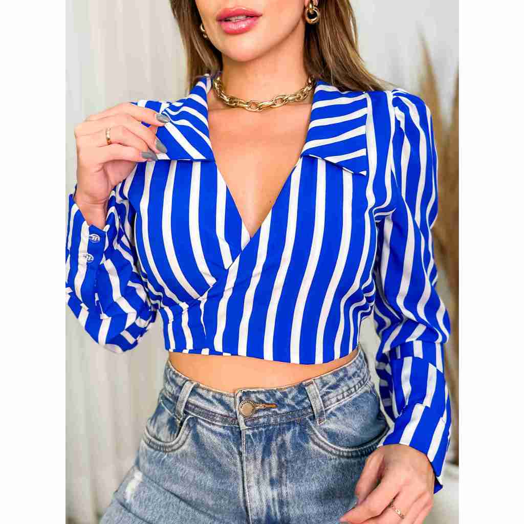 blusas de camisas manga longa listra  novo feminina-76-3