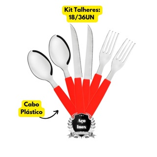 Jogo Kit 18/36UN Talheres de Mesa Inox Cabo Vermelho Original Color Garfo Faca Colher Almoço Jantar Refeitório Hotel