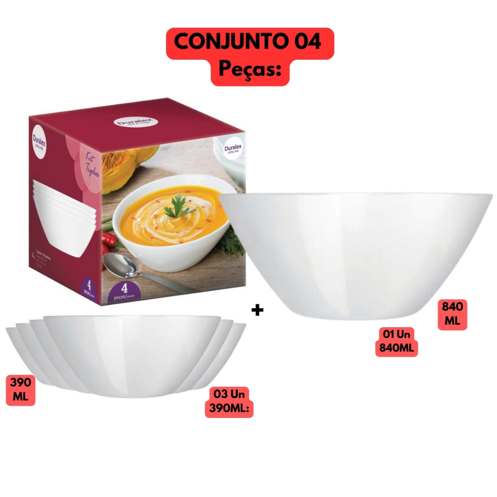 Conjunto 04 Cumbuca Saladeira Branca Vidro Duralex 01 Tigela 840ML + 03 390ML Grande Opaline Almoço