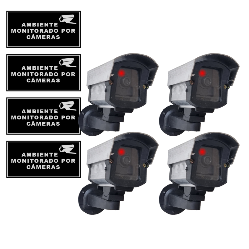 Kit 4 Micro Câmeras Falsas Bivolt Com Led + 04 Placas Ambiente Monitorado por Câmeras em Oferta na Shopee