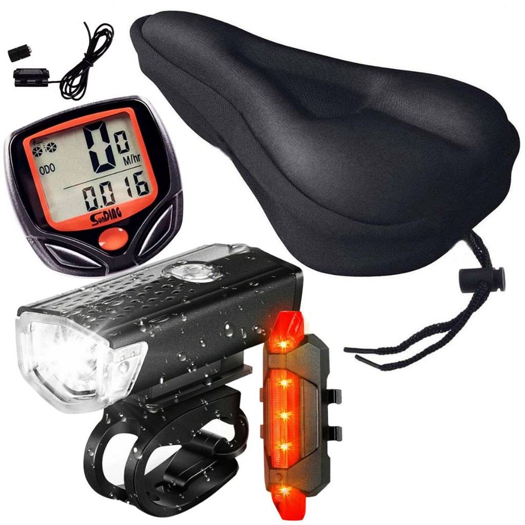 Farol Bike Luz Led Usb Recarregável Ciclismo 300 Lumens + Sinalizador Traseira Recarregável + Capa De Banco Selim Silicone Gel