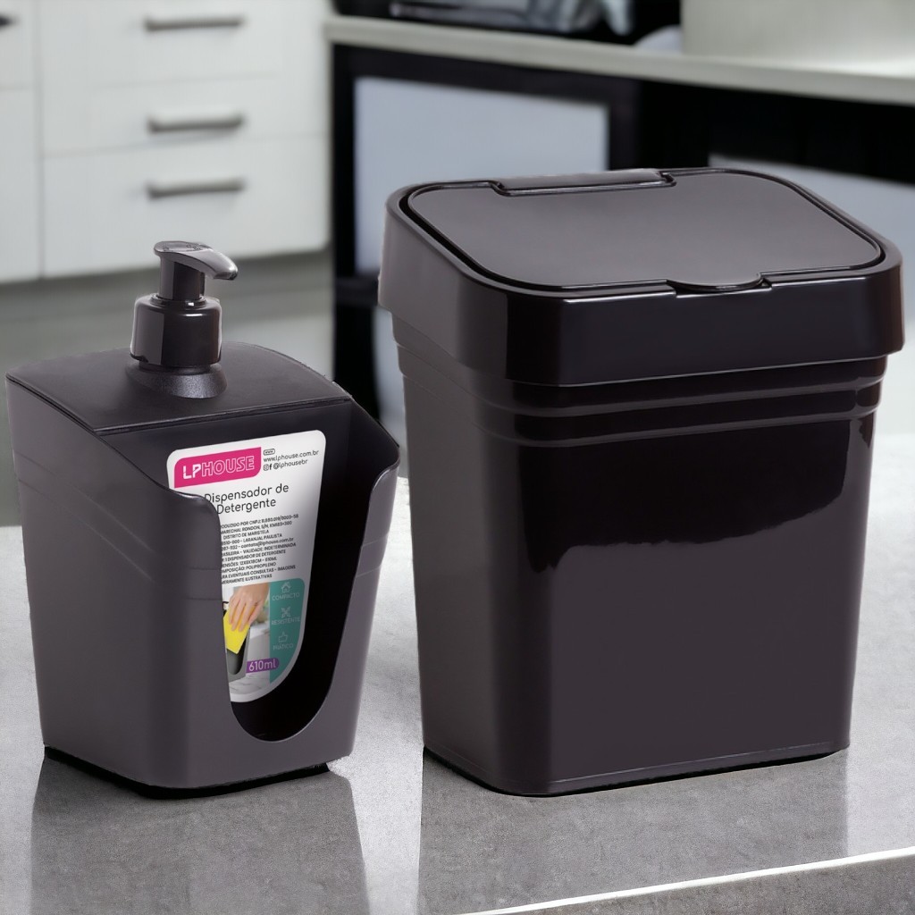 Kit Lixeira de Pia 2,8 Litros com Tampa+ Porta Detergente Dispenser para Cozinha
