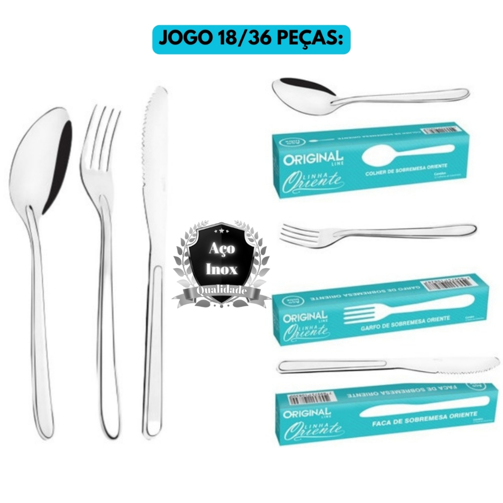 Jogo Kit 18/36 Talheres Aço Inoxidável Prateado Linha Oriente Cozinha Refeitório Restaurante Almoço Jantar Conjunto Simples Utensílios