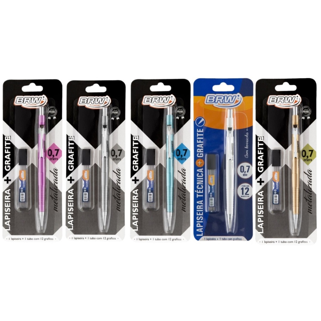 Lapiseira Técnica 0.7mm Metalizada + Tubo Grafite HB com 12 Un. Azul/Prata/Branca/Roxo/Dourado BRW - Escolha a Cor