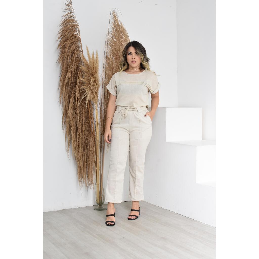 CONJUNTO FEMININO DE LINHO DETALHE NERVURA em Oferta na Shopee