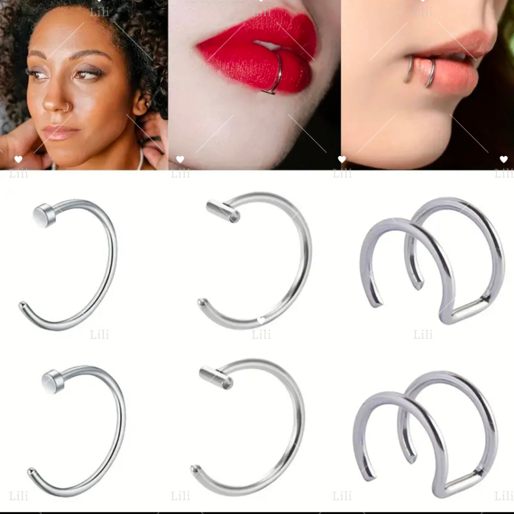 Conjunto De 6 Pecas De Piercing Falso Para Nariz Labio E Brinco Em Aco inox, nao presica furo em Oferta na Shopee