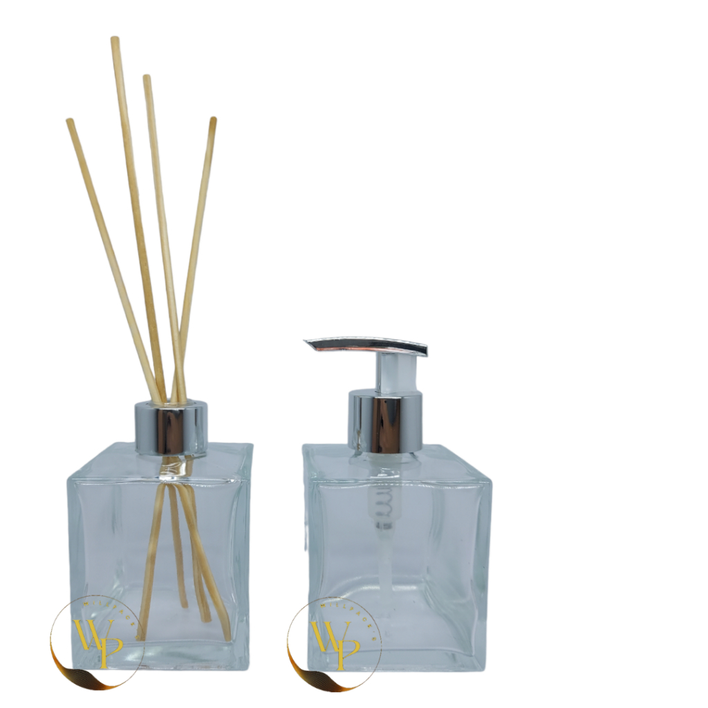 Kit 2 Frascos Saboneteira de Vidro Quadrado 250ml Com Tampa Difusora Super Luxo e Valvula Bico de Pato Super Luxo 28/410