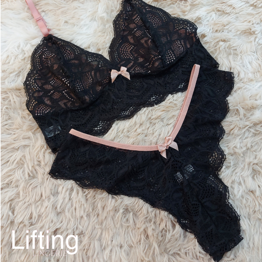 Conjunto De Renda Sem Bojo Com Calcinha Modelo Asa Delta