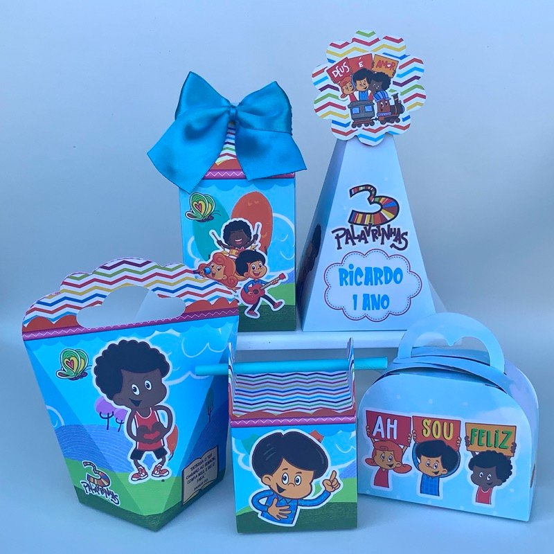 Kit Festa Personalizadas 3 Palavrinhas Azul PEGUE E MONTE Lembrancinhas Aniversário Caixas Decoração