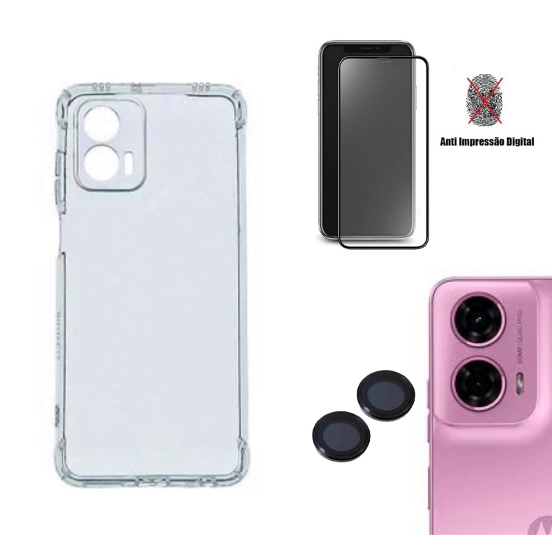 Kit 3X1 Motorola Moto G34- Película Frontal CERÂMICA FOSCA 9D + Capa  + Pelicula de Câmera METÁLICA