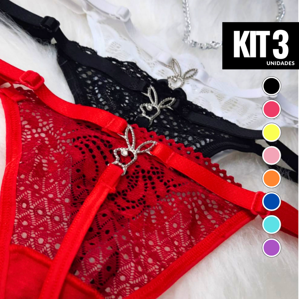 Kit 3 Calcinha Playboy Fio Dental Renda Sexy Sensual Feminina Lingerie Playboy