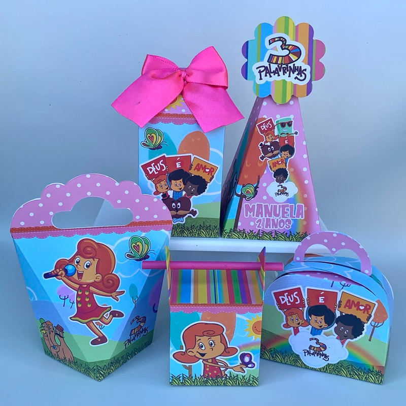 Kit Festa Personalizadas 3 Palavrinhas Rosa PEGUE E MONTE Lembrancinhas Aniversário Caixas Decoração