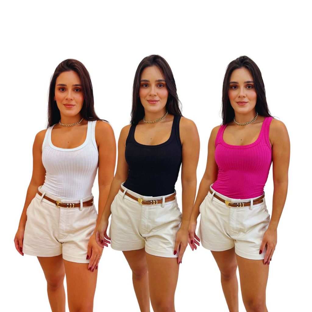 Kit 3 Regatas Femininas Decotadas Canelada Ribana Blusinha Básica
