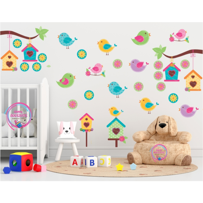 Cartela Cheia Adesivos Pássaros Jardim Encantado Galhos Floresta Animais Infantil Decoração Quarto Baby Menino Menina