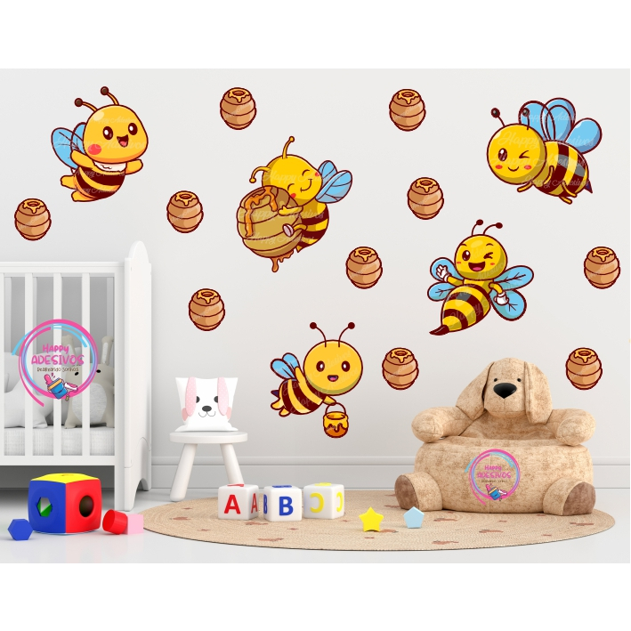 Adesivo Abelha Decoração Pote de Mel Quarto Abelhinhas Infantil Menino Menina Baby Colante Decorativ