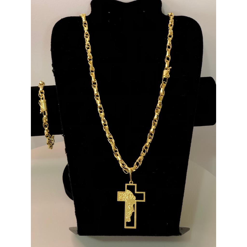 Corrente Tijolinho Dupla 6mm + Pulseira Cartie Dupla 6mm Joias em Moeda Antiga Idêntico Cordão Ouro 18k Tijolinho trançado Cartie trançada Conjunto Completo Colar Cordao com Pingente Lacoste, Cruz Kit completo