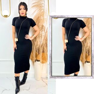 Vestido Feminino Midi Canelado com Manga Elegância e Ousadia em Uma Peça em Oferta na Shopee