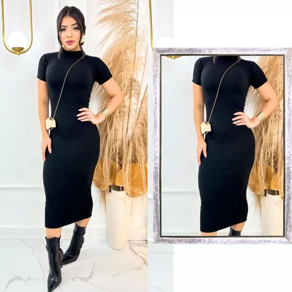 Vestido Feminino Midi Canelado com Manga Elegância e Ousadia em Uma Peça