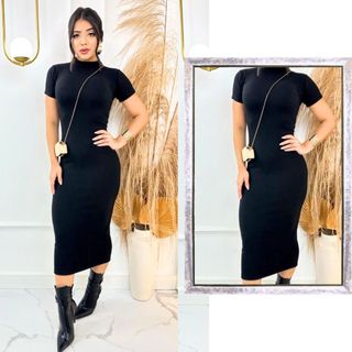 Vestido Feminino Midi Canelado com Manga Elegância e Ousadia em Uma Peça