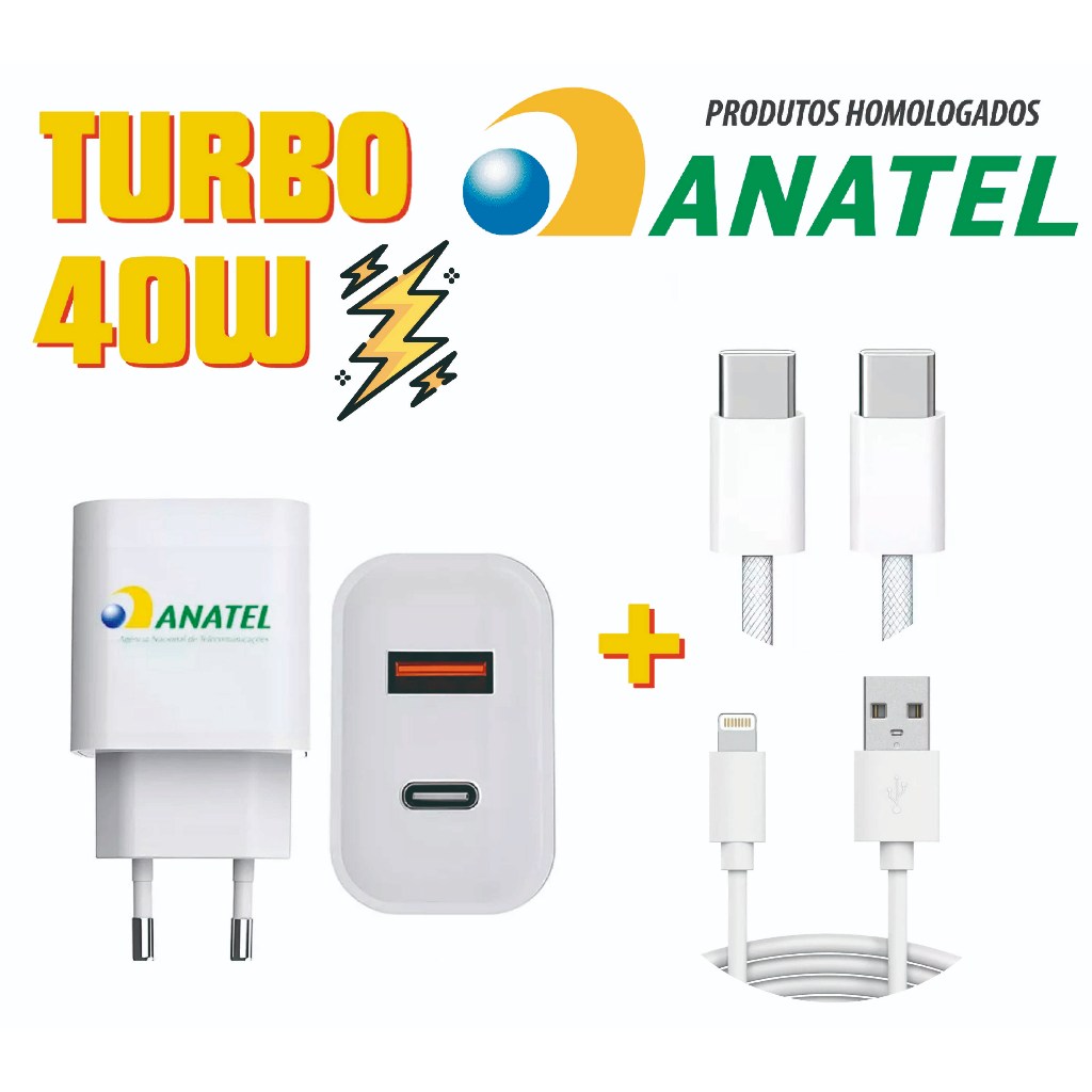 KIt Carregador 40w + 1-2 Cabo IOS Pd TIPO C Turbo Homologado Anatel iPhone X XR 11 12 13 14 15 16