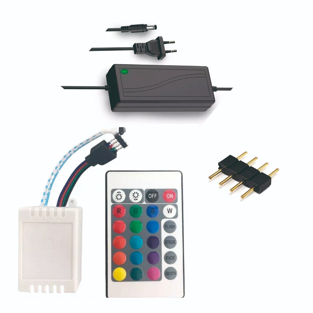 Kit Controlador Rgb + Fonte 12V 2A 3A 5A + Controle Remoto P/ Fita Led  5050 E 3528 + Emenda 4 pinos