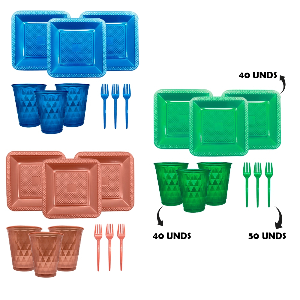 Kit Festa Descartáveis Diamante 130 Itens C/ PRATO QUADRADO 40 pessoas