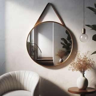 Espelho Adnet 30cm Sala Quarto Banheiro Suporte e Pendurador Alça Couro em Oferta na Shopee