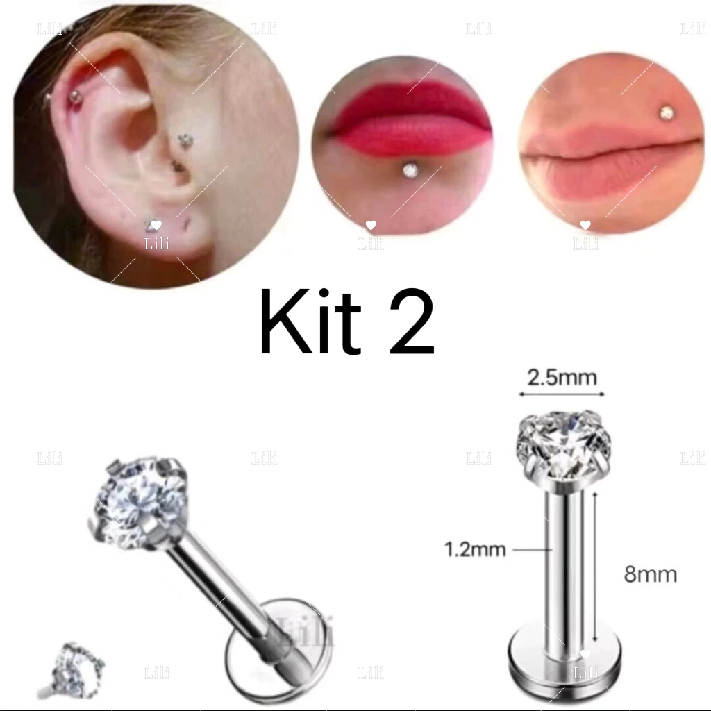 Kit 2/6 Piercing Labret  Ponto De Luz Helix Tragus Conch Aço Cirúrgico