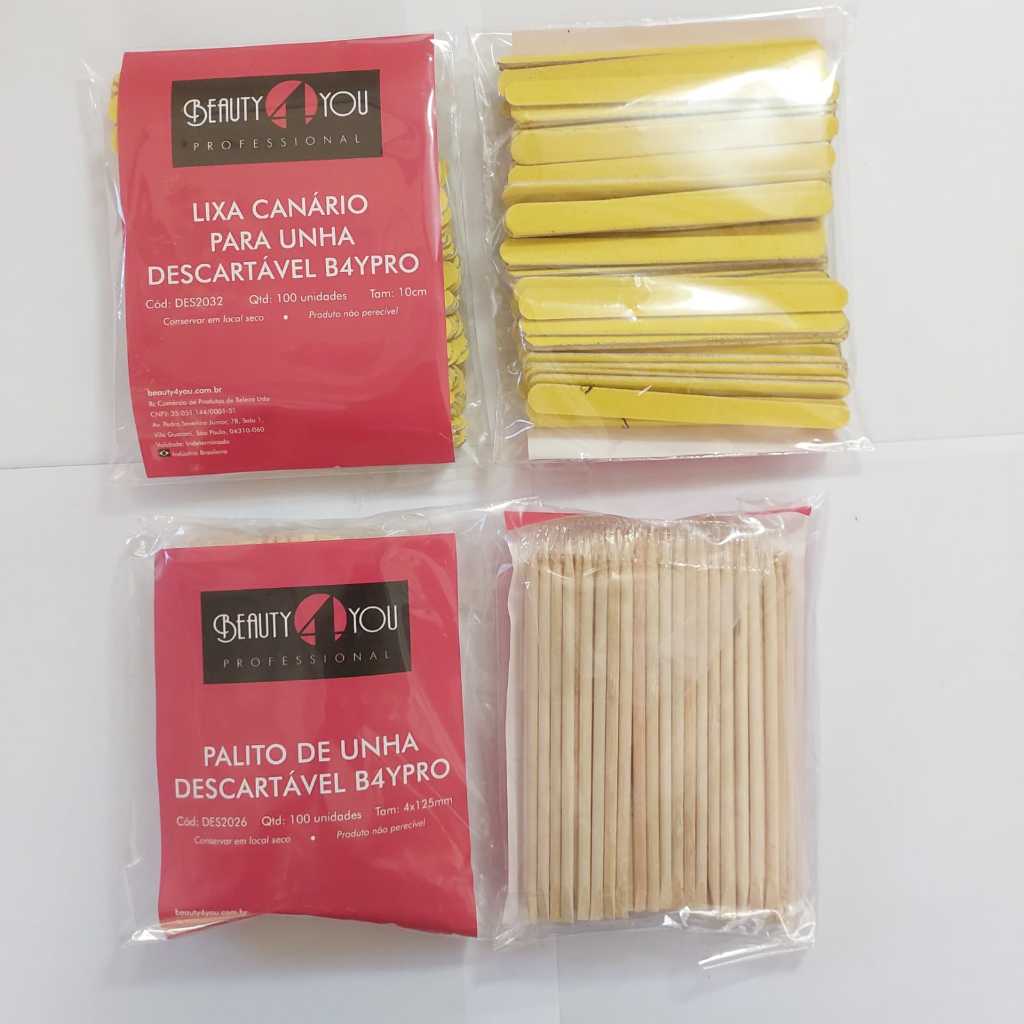 Kit 100 Lixa + Palito de Unha 10cm Lixa Canário Palito de Unha para Manicure e Pedicure Profissional