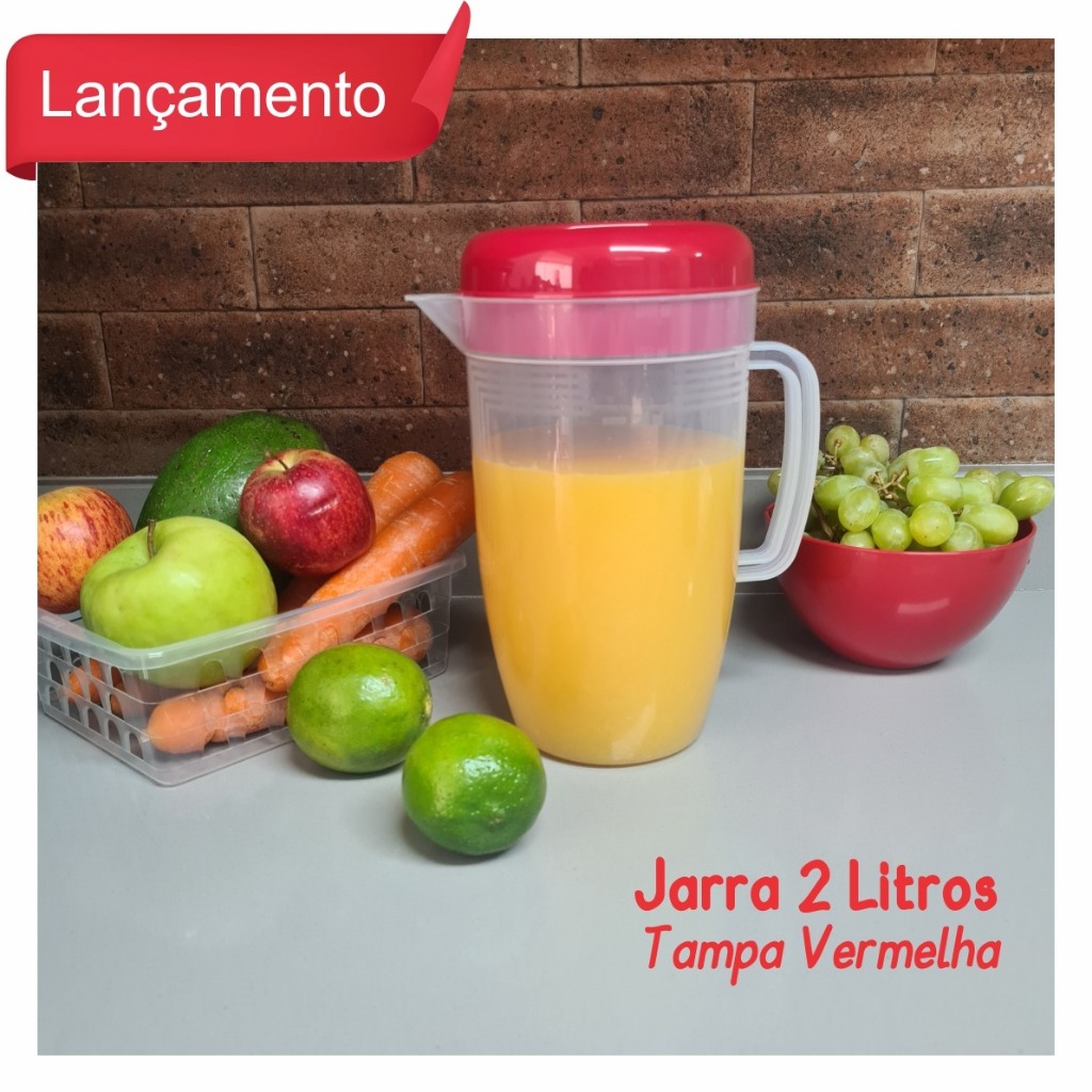 Jarra 2 Litros Resistente Para Suco Geladeira Plástico Com Tampa e Alça Medidor Graduada Restaurante Bar Domestico Cozinha Água