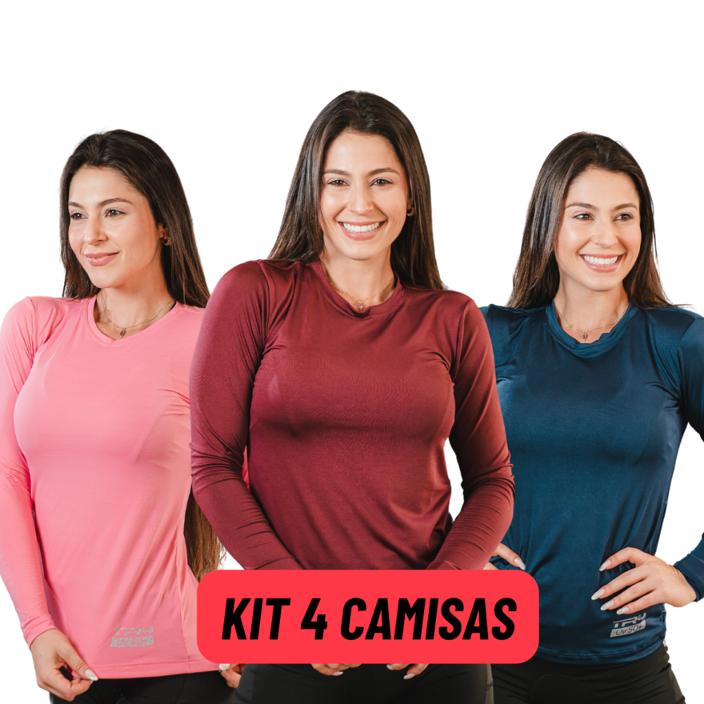 Kit 4 Camisas Feminina Proteção Solar UV Segunda Pele Blusa Manga Longa Inverno Frio Academia Praia Piscina