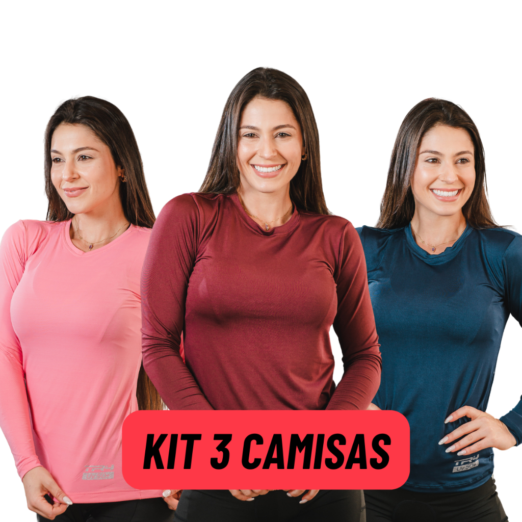 Kit 3 Camisas Feminina Proteção Solar UV Segunda Pele Blusa Manga Longa Academia Treino Praia Sol