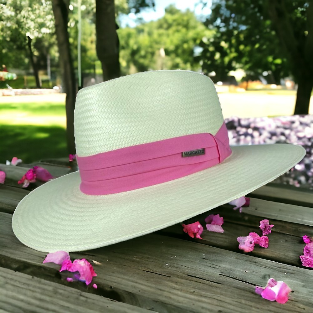 Chapéu Social Panamá Marcatto De Palha Marfim Com Banda Fita Rosa Pink Leve Para Usar Na Praia