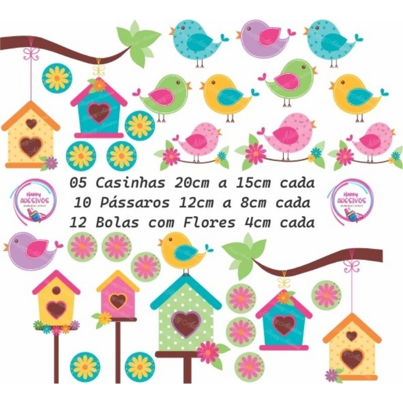 Adesivo De Parede Infantil Para Quarto De Menina Menino Colante Decoração Azul e Rosa Kit 28 Pássaros Passarinhos Casinha Galhos Corações Flores Porta Janela Vidro Box De Banheiro