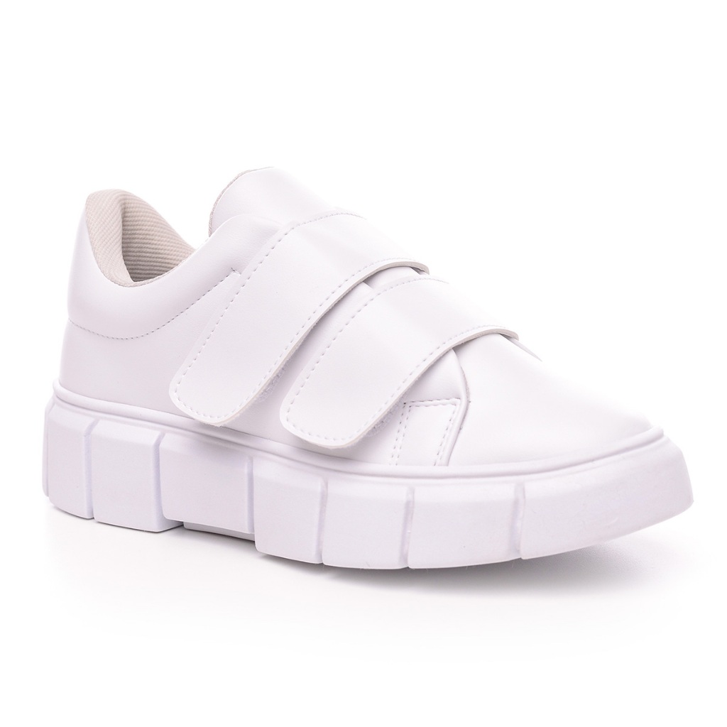 Tênis Feminino Branco Facil de Calçar 2 Tiras de Velcro Confortável Leve Promoção