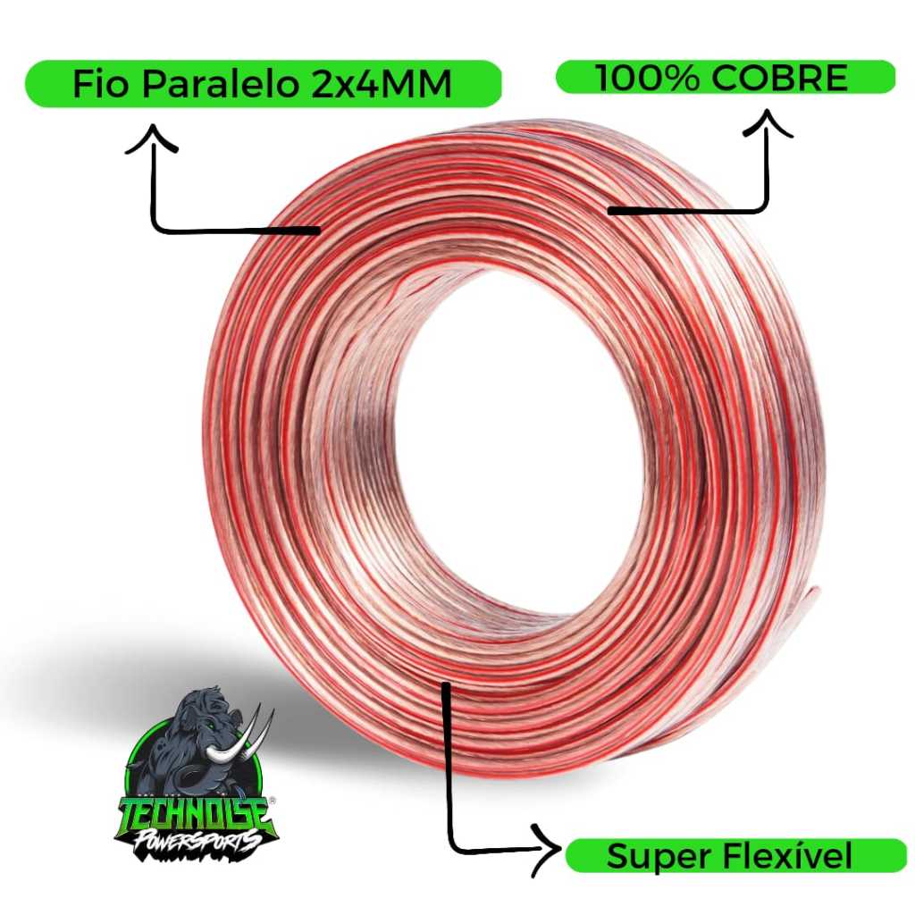 5 Metros Fio Paralelo 2x4mm 100% Cobre Paralelo Cristal Technoise Som Automotivo