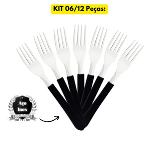 Jogo Kit 06/12UN Garfo Aço Inox Color Original Line Cabo Preto Utensílios Cozinha Restaurante